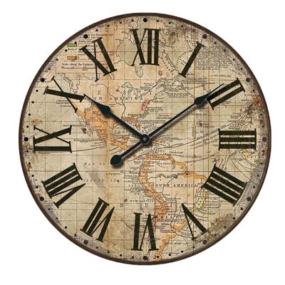 China Unique Antique Style Wall Decor World Map Around Large Wall Clock for sale