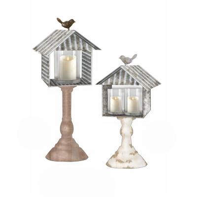 China Simple but Unique Cylindrical Birdcage Modeling Decoration Galvanized and Wooden Candle Holder for sale