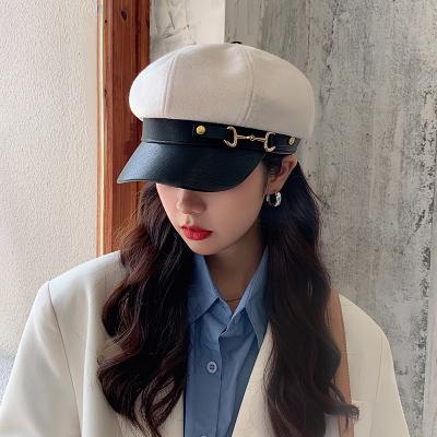 China Women Casual Leather British Korean Octagonal Painter Newsboy Hat Cap Peaked Buckle Beret Retro for sale