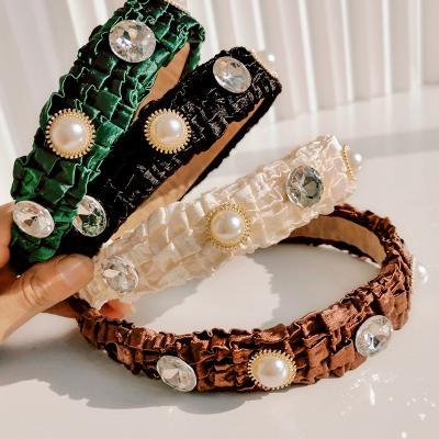 China 2021 Fashion Women Vintage Soft Hot Sale Baroque Crystal Headband Colored Rhinestone Stain Silk Headband For Women for sale