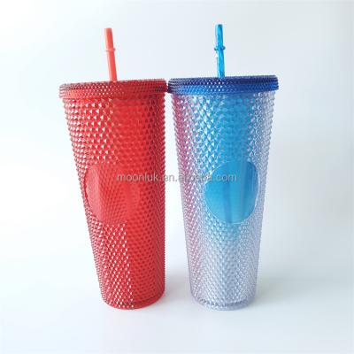 China Wall Viable Shiny Red Double Diamond Plastic Tumblers 2021 New Studded Cups Plastic Tumblers In Stock for sale