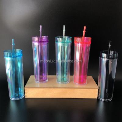 China Viable Clear Skinny Plastic Cups Double Wall Plastic Insulted Bulk Tumblers 16oz for sale