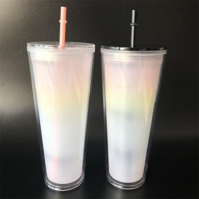 China Double 24oz Wall Cups Viable Clear Colored Cold Color Water Changing Plastic Tumbler In Bulks for sale