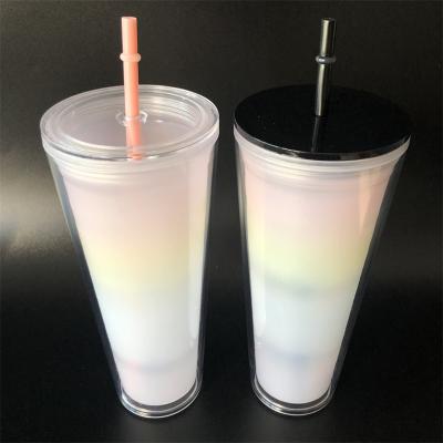 China Viable Rainbow Color Plastic Double Wall Tumbler Cups 24oz Changing Drinking Water Cold Cups In Stock for sale