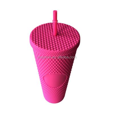 China Durable 24oz Double Wall Matte Barbie Pink Studded Plastic Tumblers Cups with Lids and Straws for sale