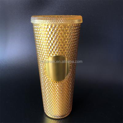 China 2021 Viable New Laser's Gold Studded Reusable Plastic Cold Cups Tumbler With Lid And Straw for sale