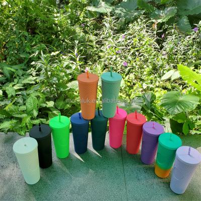 China Factory Wholesale 24oz/750ml Viable Reusable Double Wall Summer Tumbler Studded Plastic Cup With Lid And Straw for sale