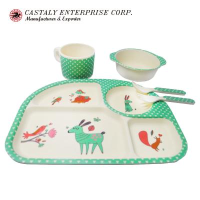 China Sustainable Baby Kids Dinnerware Sets 5 Pcs Safe Bamboo Fiber Cartoon Dinnerware Set for sale