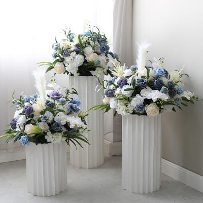 China Road Guide Column Flower Ball Hand Made Blue Wedding Simulation Mounted Event Site Layout Column Floral Custom Roman Flower Arrangement for sale