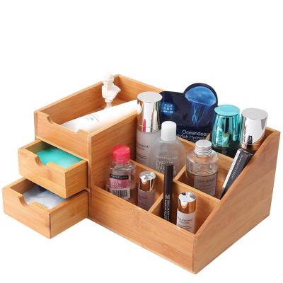 China Wooden Makeup Storage Boxes Makeup Organizer Non Slip Tabletop Organizer With Two Drawers for sale