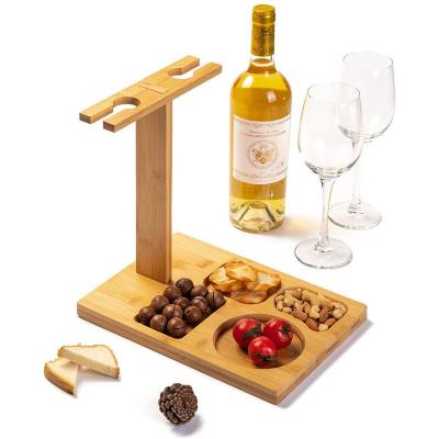 China Viable Natural T-shape Bamboo Wine Bottle And Glass Storage Rack Display Rack And Storage Tray for sale