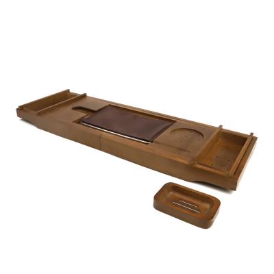 China Sustainable New Design Brown Adjustable Bamboo Expandable Tub Caddy And Caddy With Extend Side for sale