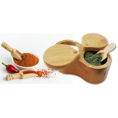 China Two Viable In One Double Round Bamboo Spice Jars With Magnetic Swivel Lid Bamboo Cooking Salt Box for sale