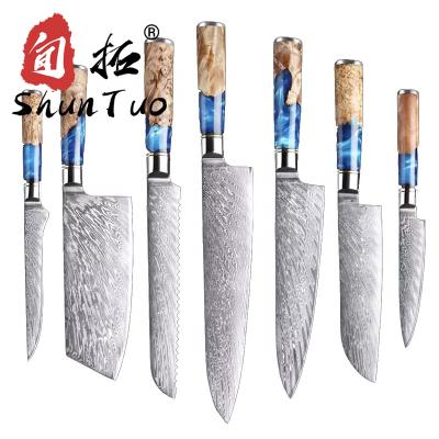 China Viable Wholesale Japanese 7pcs Colored Handle Knife Kitchen Chef Steak Damascus Stainless Steel Knife Set for sale