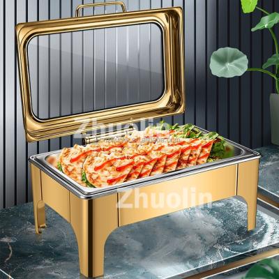 China Durable and Modern Supplying Set Chafen Food Warmer Buffet Wedding Chafting Dish with Lid Glass Rectangular Buffet Dishes Tease Gold for sale