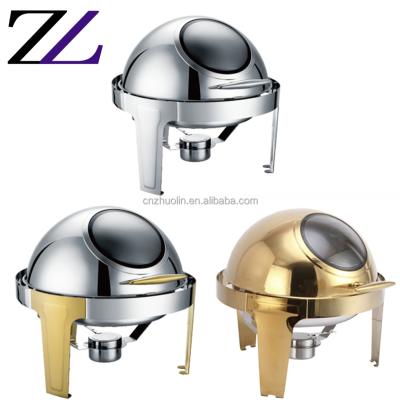 China Durable and Modern Cheffing Dish Buffet Set Luxury Cylinder Desktop Golden Economy Dish Buffet Round Shafing Scarab Buffet Catering Food Warmer Dish Buffet for sale