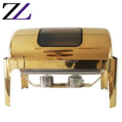 China Durable and Modern Stainless Steel Gold Scarabs Alcohol Stove Antique Brass Catering Food Warmer Shaffing Dishes Set Rolltop Desktop Chafing Dish Buffet for sale