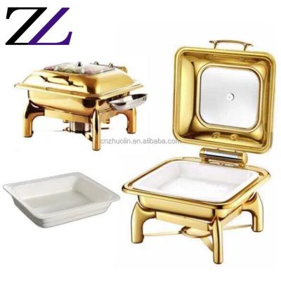 China Durable and Modern Gold Stainless Steel Square Dishes 6L Ceramic Saucepan Food Buffet Equipment Commercial Hotter Cheffing Chafing Dish for sale