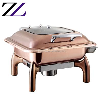 China Durable and modern presentation sideboard and hutch kitchen chafing dishes hydraulic cover rose gold square food warmer plate copper chefing sideboard for sale