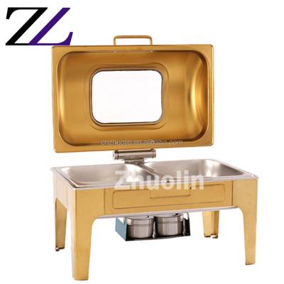 China New Durable and Modern Essentials 9L Catering Equipment Buffet Set Economy Luxury Dishes Warming Food Warmer Glass Lid Unique Gold Chafing Dish for sale