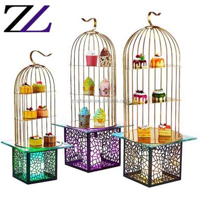 China Hotel Viable Supplies Buffet Dessert Cupcake Catering Displays Hanging Birdcage Copper Gold Stand Tea Time Dessert Display Set Rack for sale