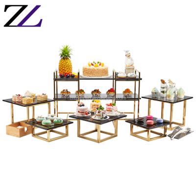 China Durable and Modern Hotel Afternoon Tea Wedding Cake Stand Square Gold Dessert Serving Display Tiered Square Grid Set Buffet Risers Stands for sale