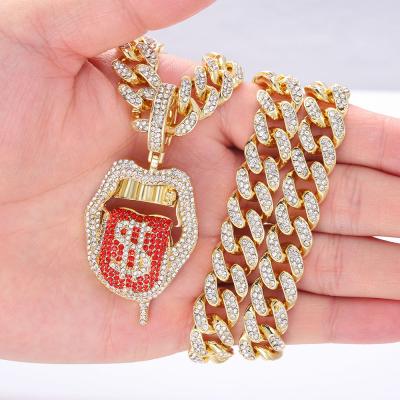 China Wholesale Trendy Azone Iced Out Miami Cuban Chain Necklace Rhinestone Bling Chain Mens Dollar Sign Tongue Pendant Necklace for sale