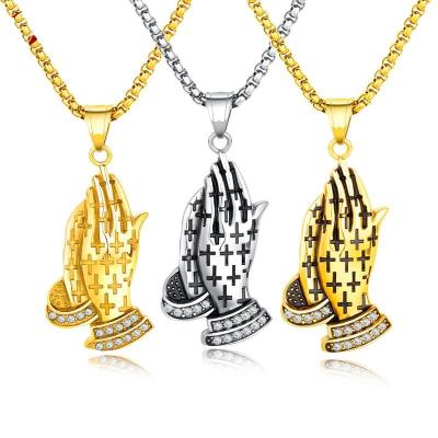 China Religious New Product Hot Sale Stainless Steel Accessories Wholesale Christian Men's Prayer Hands Necklace Prayer Hands Pendant for sale