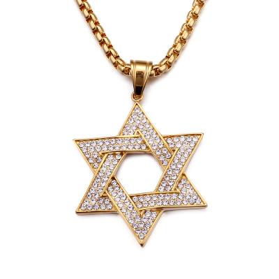 China Trendy Zircon David Star Stainless Steel Necklace Solomon Seal Hip Hop Gold Chain Six Star Necklace Pendant Jewelry for sale