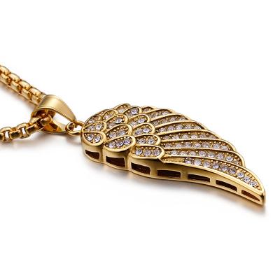 China Hiphop Fashion Jewelry Angle Wings Micro Insert Long Diamond Pendant Necklace Hip Hop Sweater Chain Necklace for sale