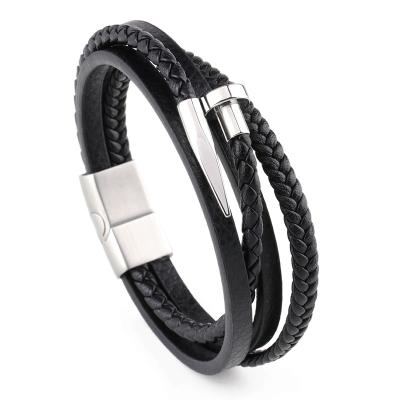 China Popular Stainless Steel Punk Multi-Layer Braided Leather Bracelet Fashion Stud Nail Stainless Steel Bracelet for sale