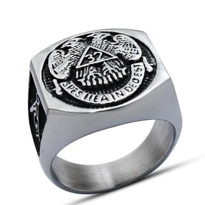 China 2021 Punk Eagles Triangle NO.32 AG Freemason Masonic Double Ring Stainless Steel Ring for sale