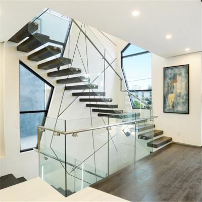 China Indoor DAIYA Modern Floating Staircase With Dead End Glass Railing Hardwood Stairs for sale