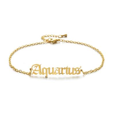 China Handmade Fashion Gold Stainless Steel Letter Font Zodiac Sign Charm Bracelet Jewelry English Silver Women for sale