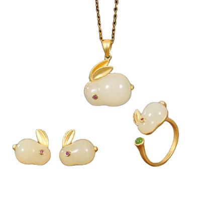 China Statement S925 Sterling Silver With Gold Plating Nephrite Rabbit Charm Women Necklace Bracelet Earring And Ring Jewelry Set for sale