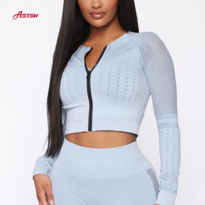 China Newly Breathable Mesh Stitches Hollowed-out Seamless Gym Wear Compression Long Sleeve Yoga Top For Running for sale