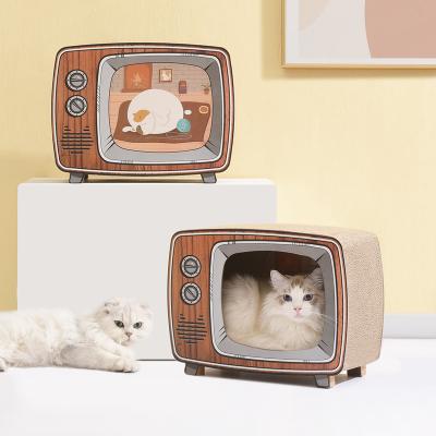 China Sustainable New Design Tom Cat Television Shaped Pet House Cat House With Cat Scratcher Board for sale