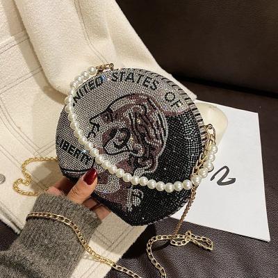 China USD Bill Purses Clutch Women Diamond Crystal Evening Clutches Ladies Brand Rhinestone Bling Wallet Dollar Women Money Luxury Round Purse Clutch for sale