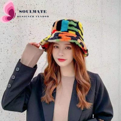 China Designer Vintage Plush Furry Digital Print Colorful Rabbit Hair Fur Bucket Hat Winter Cap For Women Winter Fall Fast Shipping for sale