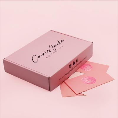 China Recyclable Women Clothes Apparle Garment Packaging Boxes Custom Logo Pink Shipping Mailer Box With Envelope Thank You Card for sale