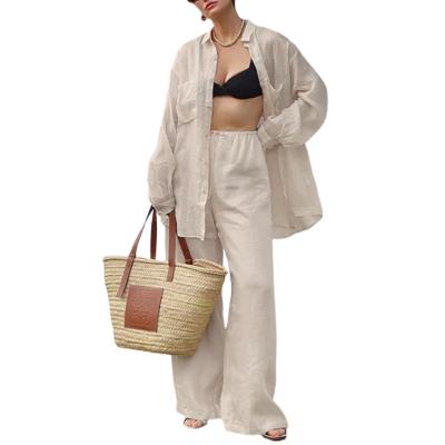 China Breathable Women's Casual Loose Button Long Sleeve Shirt And Wide Leg Pants Cotton Canvas Two Piece Sets for sale