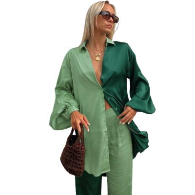 China Green Contrast Drop Shipping QUICK DRY Satin Drop Shirts And Pants Wide Leg Two Piece Set Casual Suits for sale