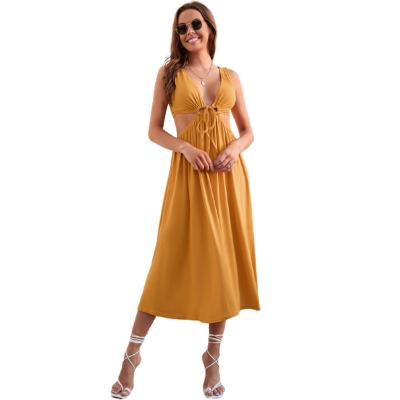 China 2022 New Summer Vacation Women's Breathable Hollow Tie Waist V-neck Sexy Pleated Dress for sale