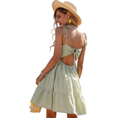 China 2022 New Summer Women Cotton Vintage Breathable Pleated Linen Casual Dress Sexy Backless A-Line Skirt for sale