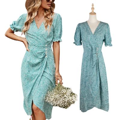 China Washable Sleeve Women's Irregular Floral Print V-Neck Button Bottom Holiday Casual Dress for sale