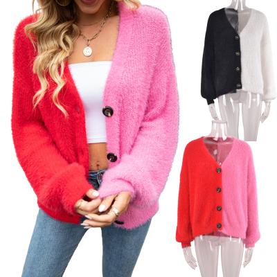 China Anti-Wrinkle Color Blocking V-Neck Button Knitted Knitwear For Women Cardigan Sweater Ladies Manufacturer for sale