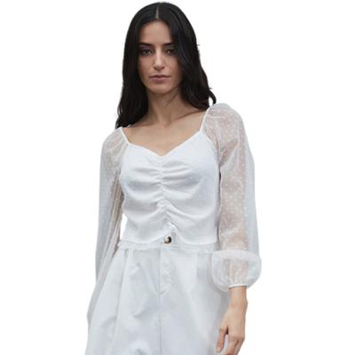 China Women's Breathable Top Sheer Dot Sleeve Ruffle Bottom Vintage Breathable White V-Neck Lace Chiffon Blouse Pleated Shirt for sale