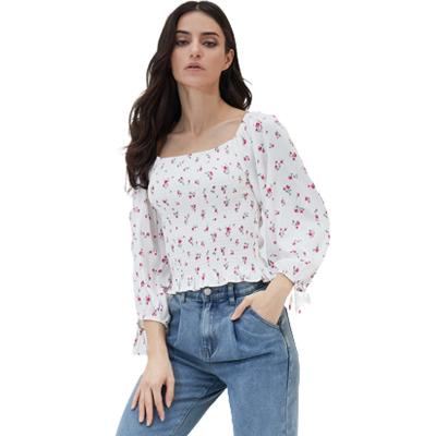 China 2022 QUICK DRY Women'S Spring Autumn Chiffon Floral Long-Sleeved Pleated Shirt New Slim Fit Square Neck Tops for sale