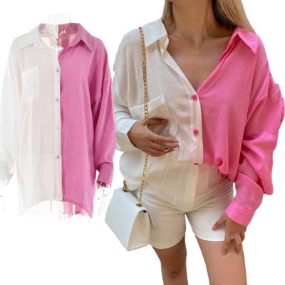 China Breathable Women Two Color Contrast Long Sleeve Customize Logo Button Oversize Turn Down Loose Collar Pocket Shirt Blouse for sale