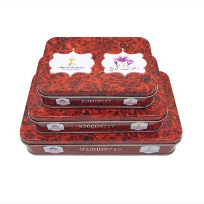 China Custom Printed Embossing Saffron Tin Tin Spice 50g 100g 200g Metal Lid Food Grade Saffron Box Container Empty Retangular Packaging Tin for sale